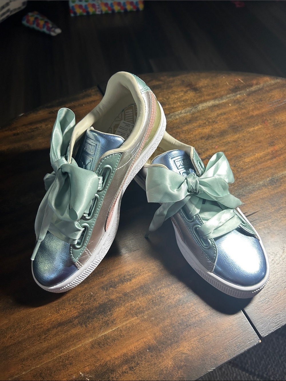 Puma Kids Metallic Blue and Mint Satin-Bow Sneakers. Size 7